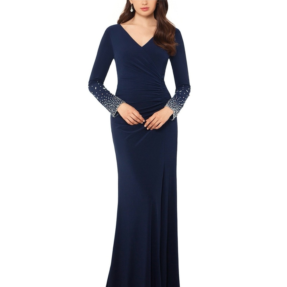 Xscape Navy Long Sleeve Dress with Embellished Cuffs